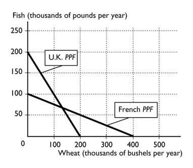   -The figure above shows the production possibilities frontiers for the United Kingdom and France.What is the opportunity cost of one bushel of wheat for the United Kingdom? A)  1/4 of a pound of fish B)  1/2 of a pound of fish C)  1 pound of fish D)  200 pounds of fish E)  2 pounds of fish