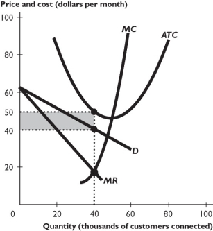    The figure above shows a firm's demand and marginal revenue curves and its cost curves. -As long as the firm illustrated above remains open, it will set a price of ________ per month and it will ________. A) $50; earn an economic profit B) $50; incur an economic loss C) $40; earn an economic profit D) $40; incur an economic loss E) less than $20; incur an economic loss
