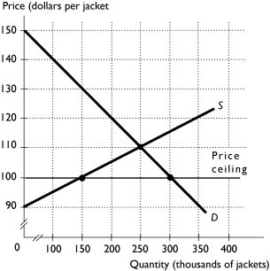   -The above figure shows the market for winter jackets.In an effort to keep the nation warm,the president places a price ceiling of $100 in the market for winter jackets.Which of the following statements is true? A)  After taking account of the resources lost in search, consumer surplus increases when the price ceiling is in place. B)  There will be a surplus of jackets. C)  Because the price of a jacket is lowered, consumers end up buying more jackets with the price ceiling than without it. D)  Producer surplus decreases if there is a price ceiling. E)  The quantity supplied of jackets is greater that quantity demanded when there is a price ceiling. 