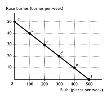   -The figure above shows Sarah's budget line.Sarah earns $500 per week selling baskets made out of tree vines.With this money she buys sushi and rose bushes.Each piece of sushi costs $1 and each rose bush costs $10.Sarah will be at what point on her budget line if she spends $500 per week on rose bushes? A)  Point a B)  Point c C)  Point e D)  Point f E)  Point b 