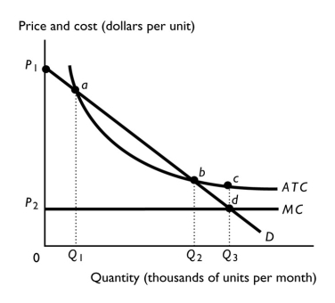   -The above figure represents the cost and demand curves for a natural monopoly that is regulated using a marginal cost pricing rule. a.What is the quantity? b.What price is charged? c.What area represents the consumer surplus when the firm is regulated using a marginal cost pricing rule? d.What distance represents the firm's loss per unit when the firm is regulated using a marginal cost pricing rule?