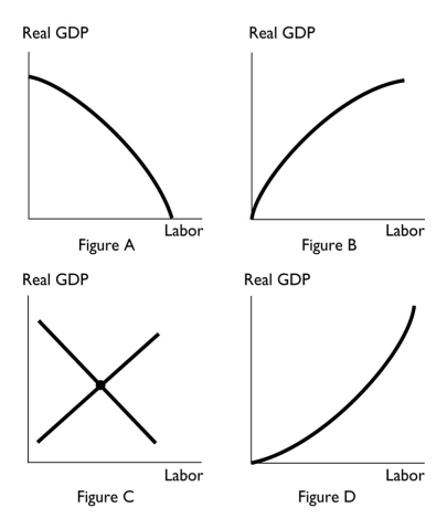   -The above figure that most accurately shows a production function is A) Figure A. B) Figure B. C) Figure C. D) Figure D. E) Both Figure A and Figure B;Figure A for an economy with an excess of labor and Figure B for an economy with a shortage of labor.