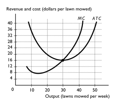   -Bill owns a lawn-care company in Windermere,Florida,whose cost curves are illustrated in the above figure.The market equilibrium price in this perfectly competitive market equals $32 per lawn mowed.Bill's average total cost curve is ATC,so his total cost of production equals A) $0 because Bill shuts down. B) more than $0 and less than $1,200 per week. C) more than $1,200 and less than $1,400 per week. D) more than $1,400 per week and less than $1,800 per week. E) more than $1,800 per week.