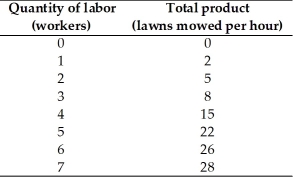   -The table above shows the total product schedule for Rick's Lawn Service,a yard care company.When does the average product of labor equal the marginal product of labor? A) between the 4th and 5th workers B) at the 5th worker C) between the 5th and 6th workers D) between the 6th and 7th workers E) between 0 workers and the 3rd worker