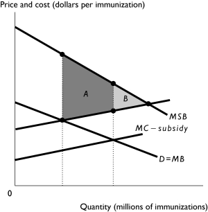   -The figure above shows the market for annual influenza immunizations the United States.Area A + Area B is the A) deadweight loss when there is not the illustrated subsidy. B) loss in efficiency from the illustrated subsidy. C) gain in efficiency from the illustrated subsidy. D) remaining deadweight loss when there is the illustrated subsidy. E) equilibrium with the illustrated subsidy.