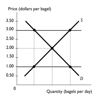   -The figure above illustrates the bagel market.Which of the following statements is correct? A) With a price ceiling of $1.00 per bagel,the price of a bagel is $1. B) With a price ceiling of $3.00 per bagel,the price of a bagel is $2. C) With no government intervention,the equilibrium price of a bagel is $2. D) Only answers A and B are correct. E) Answers A,B,and C are correct.
