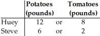   -Huey and Steve can grow potatoes or tomatoes.The table above shows the pounds of potatoes and tomatoes Huey and Steve can grow in a week.Based on the table,which of the following statements is correct? A)  Steve has an absolute advantage in both potatoes and tomatoes. B)  Steve has a comparative advantage in both potatoes and tomatoes. C)  Steve has an absolute advantage in potatoes only. D)  Huey has an absolute advantage in potatoes only. E)  Huey has an absolute advantage in both potatoes and tomatoes.
