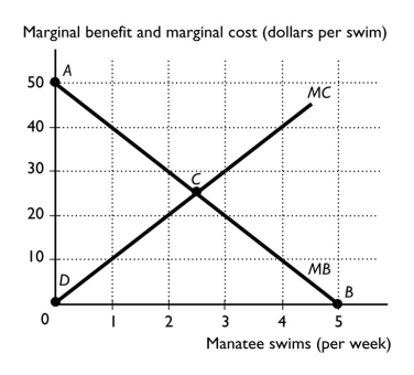   -The figure above shows Kaley's marginal benefit from swimming with manatees and Scott's marginal cost of providing manatee swimming tours.For Kaley and Scott,allocative efficiency is achieved at what point? A)  A B)  B C)  C D)  D E)  Either point A or point D