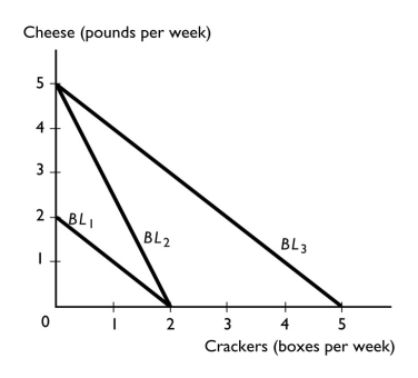   -The figure above contains several budget lines for Sarah,who uses her income to purchase two goods,cheese and crackers. a.A movement between which two budget lines represents an increase in Sarah's budget for cheese and crackers? b.A movement between which two budget lines represents an increase in the price of a pound of cheese? c.A movement between which two budget lines represents an increase in the price of a box of crackers?