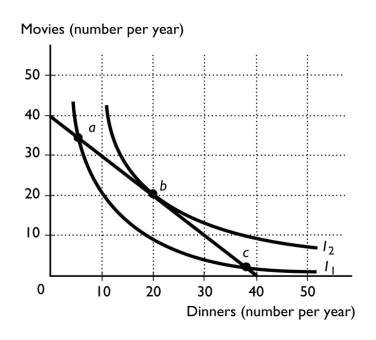   -The figure above gives a consumer's budget line and two indifference curves. a.At which point is the marginal rate of substitution greater than the relative price? b.At which point is the marginal rate of substitution less than the relative price? c.Which point represents the consumer equilibrium?