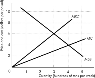   -The above figure shows the marginal private cost curve,marginal social cost curve,and marginal social benefit curve for cod,a common resource.The market equilibrium with no government intervention is ________. A)  0 tons per week B)  200 tons per week C)  400 tons per week D)  500 tons per week E)  None of the above answers is correct.