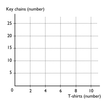 Sherry is on vacation and wants to bring souvenirs home to family and friends.Her souvenir budget is $100,and she can choose between T-shirts,which cost $20 each,and key chains,which cost $5 each. a.Draw a graph of Sherry's budget line in the figure below.     b.What is the slope of Sherry's budget line? How does that slope represent an opportunity cost? Suppose that Sherry now finds a store where T-shirts are on sale for $10 each.(Key chains still cost $5 each). c.Draw the new budget line in the figure. d.What is the slope of the new budget line? How has the opportunity cost changed?