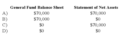The general fund of Reston acquired computer equipment costing $70,000 during the fiscal year ended June 30, 20X9. Machinery and Equipment should be reported in Reston's General Fund Balance Sheet and government-wide Statement of Net Assets at June 30, 20X9, as follows:   A)  Option A B)  Option B C)  Option C D)  Option D