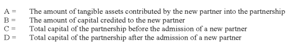   -Refer to the above information. Which statement below is correct if a new partner purchases an interest in capital directly from the old partners? A)  C < D B)  C = D C)  C = D and B = A D)  C < D and B = A