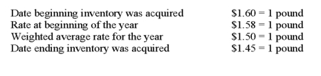 The British subsidiary of a U.S. company reported cost of goods sold of 75,000 pounds (sterling)  for the current year ended December 31. The beginning inventory was 10,000 pounds, and the ending inventory was 15,000 pounds. Spot rates for various dates are as follows:   Assuming the pound is the functional currency of the British subsidiary, the translated amount of cost of goods sold that should appear in the consolidated income statement is: A)  $108,750. B)  $112,500. C)  $114,300. D)  $125,700.