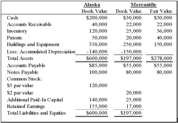 On January 1, 20X8, Alaska Corporation acquired Mercantile Corporation's net assets by paying $160,000 cash. Balance sheet data for the two companies and fair value information for Mercantile Corporation immediately before the business combination are given below:   Required: Prepare the journal entry to record the acquisition of Mercantile Corporation.