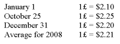 Michigan-based Leo Corporation acquired 100 percent of the common stock of a British company on January 1,2008,for $1,100,000.The British subsidiary's net assets amounted to 500,000 pounds on the date of acquisition.On January 1,2008,the book values of its identifiable assets and liabilities approximated their fair values.As a result of an analysis of functional currency indicators,Leo determined that the British pound was the functional currency.On December 31,2008,the British subsidiary's adjusted trial balance,translated into U.S.dollars,contained $17,000 more debits than credits.The British subsidiary reported income of 33,000 pounds for 2008 and paid a cash dividend of 8,000 pounds on October 25,2008.Included on the British subsidiary's income statement was depreciation expense of 3,500 pounds.Leo uses the basic equity method of accounting for its investment in the British subsidiary and determined that goodwill in the first year had an impairment loss of 25 percent of its initial amount.Exchange rates at various dates during 2008 follow:    -Based on the preceding information,on Leo's consolidated balance sheet at December 31,2008,what amount should be reported for the goodwill acquired on January 1,2008? A) $36,845 B) $39,286 C) $36,905 D) $36,607