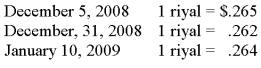 On December 5,2008,Texas based Imperial Corporation purchased goods from a Saudi Arabian firm for 100,000 riyals (SAR) ,to be paid on January 10,2009.The transaction is denominated in Saudi riyals.Imperial's fiscal year ends on December 31,and its reporting currency is the U.S.dollar.The exchange rates are:    -Based on the preceding information,what was the overall foreign currency gain or loss on the accounts payable transaction? A) $300 loss B) $200 loss C) $100 gain D) $200 gain