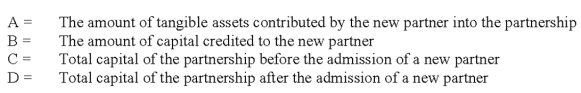  -Refer to the above information.Which statement below is correct if a new partner receives a bonus upon contributing assets into the partnership? A) B < A and D = C - A B) B > A and D = C + A C) A = B and A = D + C D) B > A and C = D + A