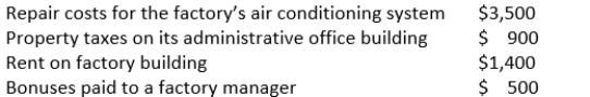 During the month of September the Gaffney Company, which operates one factory location and one administrative location, reported the following costs:   Facility costs total: A)  $5,300 B)  $5,400 C)  $2,800 D)  $4,900