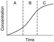 The following graph illustrates the typical phases of an enzyme-catalyzed reaction.   In which phase or phases has the substrate supply diminished so much that product formation slows down? A)  Phase A B)  Phase B C)  Phase C D)  Phases A and C