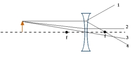 Which ray passing through a diverging lens is not properly drawn?   A) ray 1 B) ray 2 C) ray 3 D) ray 4 E) ray 1 and ray 3 