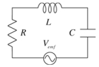  A circuit contains a 100- \varOmega  resistor,a 0.0200-H inductor and 0.500 µF capacitor in series as shown.The time varying emf is 30.0 V at a frequency of 1000 Hz.Determine the current in the circuit.   A) 100 mA B) 127 mA C) 138 mA D) 152 mA  