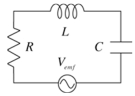  A circuit contains a resistor,a 0.0200-H inductor and 0.500- µF capacitor in series as shown.The time varying emf is 30.0 V at a frequency of 1000 Hz.The current flow through the circuit at this frequency is 128 mA.Determine the value of the resistor.   A) 59.0  \varOmega  B) 95.0  \varOmega  C) 111  \varOmega  D) 128  \varOmega  E) 133  \varOmega   