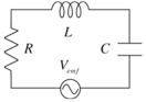  A circuit contains a 100- \varOmega  resistor,a 0.0200-H inductor and 0.500 µF capacitor in series as shown.The time varying emf is 30.0 V at a frequency of 1000 Hz.Determine the voltage drop across the capacitor.   A) 10 V B) 29 V C) 44 V D) 58 V  