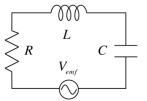  Determine the phase constant and the impedance of the RLC circuit shown in the figure when the frequency of the time-varying emf is 1 kHz,where C = 100  \mu F,L = 10 mH,and R = 100  \varOmega .   A) 31.5<sup> \circ </sup> B) 58.5<sup> \circ </sup> C) 63<sup> \circ </sup> D) 27<sup> \circ </sup>  