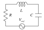  What is the resonance frequency of the series RLC circuit shown in the figure,where C = 4  \mu F,L = 5 mH,and R = 1 k \varOmega ?   A) 226 Hz B) 1.13 kHz C) 33.9 kHz D) 11.3 kHz  