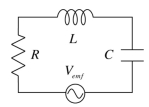  In the series RLC circuit shown,C = 4  \mu F,L = 5 mH,and R = 1 k \varOmega .What is the maximum current in the circuit if V<sub>peak</sub> = 10 V?   A) 0.5 mA B) 1 mA C) 10 mA D) 50 mA  