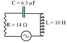 At what frequency in Hz is the current through the circuit shown a maximum?   A) 1230 B) 78 C) 64 D) 92 * 10<sup>4</sup> E) 20 