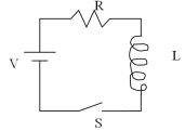  In the circuit shown,R = 1200  \varOmega ,L = 6.0 H,and V = 9.0 V.After switch S is closed,how long will it take the current in the inductor to reach 4.0 mA?   A) 2.3 ms B) 2.7 ms C) 3.8 ms D) 5.0 ms E) 7.7 ms  