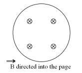 A single loop of wire with an area of 0.40 m<sup>2</sup> is located in the plane of this paper as shown.There is a time-varying magnetic field at the location of the loop.It is directed into the page and its magnitude is given by B = 2T + (3T/s) t.At t = 5.0 s,what is the induced emf in the loop?   A) 1.2 V B) 1.4 V C) 1.7 V D) 6.0 V E) 6.8 V 
