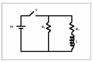 A 9-V battery is connected through a switch to 2 identical resistors and an ideal inductor as shown in the figure.The 2 resistors each have a resistance of 20 ohms and the inductor has an inductance of 0.10 henries.The switch is initially open.Ten milliseconds after the switch is closed,what is the current in resistor R<sub>2</sub>?   A) 0.19 A B) 0.23 A C) 0.28 A D) 0.39 A E) 0.44 A 