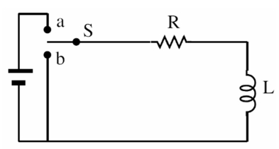  An RL circuit with a resistor with R = 8.80  \varOmega  and an inductor with inductance L = 3.70 mH has an energy of 3.00 J with the switch in position a.At time = 0 seconds,the switch is moved to position b.What is the current (in a) after 1.90 milliseconds?   A) 0.321 B) 0.375 C) 0.439 D) 0.514 E) 0.601  