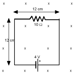 In the figure shown,the field is decreasing by 150 T/s.What is the magnitude of the current in amperes?   A) 0.18 B) 0.22 C) 0.40 D) 0.62 E) 144 