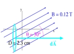  If the magnetic field is in the direction as shown,30<sup> \circ </sup> relative to the x-axis,and has a magnitude of 0.12 T,what is the flux through a circular coil lined up to be perpendicular to the x-axis with a diameter of 2.3 cm?   A) 2.3 Tm<sup>2</sup> B) 4.32 * 10<sup>-5</sup> Tm<sup>2</sup> C) 34.8 Gm<sup>2</sup> D) 8.35 * 10<sup>-4</sup> Gm<sup>2</sup> E) 3900 Tm<sup>2</sup>  