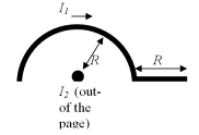 Find the magnitude of the magnetic force on a wire,which has semicircular section of radius R followed by a straight section of length R as shown in the figure,carrying a current I<sub>1</sub>= 10 A,due to the magnetic field created by a second wire,which is perpendicular to the page,carrying a current I<sub>2</sub> = 10 A.I<sub>2</sub> flows out of the page and R = 10 cm.   A) 55 mN B) 0 N C) 12 mN D) 8.1 µN E) 13.9 µN 