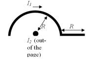 Wire 1 has a semicircular section of radius R followed by a straight section of length R as shown in the figure,and carries a current I<sub>1</sub>.Wire 2,which is perpendicular to the page,carries a current I<sub>2</sub>,where I<sub>2</sub> flows out of the page.If R is doubled,by what factor will the magnitude of the magnetic force on wire 1 due to the magnetic field created by wire 2 change?   A) 2 B) 1 C) 0.5 D) 4 