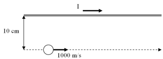 A particle with a mass of 1 mg and a charge q is seen to travel with a speed of 1000 m/s parallel to a straight current carrying wire along a horizontal path 10 cm below the wire as shown in the figure.Determine q if the magnitude of current in the wire is 10 A.   A) 1.0 C B) 0.49 C C) 0.24 C D) 2.0 C 
