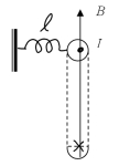 The figure shown depicts the cross section of a current carrying ring of wire having a radius of 4 cm.A 1.25 A current flows in the ring in the direction indicated in the drawing.The ring is free to rotate,clockwise or counterclockwise,about an axis normal to the page which passes through its center.The ring is connected to a spring as shown.The spring is fixed to a wall at the other end.When the ring is in the vertical position,the spring is at its natural length.One may assume that the length of the spring is long enough such that any extension or compression follows Hooke's law.Determine the current in the loop if the magnitude of the change in length of the spring when a magnetic field B = 2 T applied along the vertical axis is 2.5 mm.   A) 125 N/m B) 133 N/m C) 100 N/m D) 150 N/m 