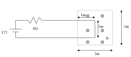  A 12-V battery is connected to a 4- \varOmega  resistor using a rigid rectangular loop of wire.Three meters of wire at the end of the loop extends into a region with a uniform magnetic field of B = 0.2 T directed into the page that has dimensions of 2.0 m * 2.0 m as shown in the figure.What is the net force on the loop?   A) 0.6 N B) 0.8 N C) 1.2 N D) 1.8 N E) 2.4 N  