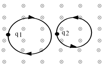 The two particles making circular paths in the magnetic field shown have the same mass and kinetic energy.The field is downward into the page.Which of the following statements concerning the particles is correct?   A) q<sub>1</sub> and q<sub>2</sub> have same sign;|q<sub>1</sub>| > |q<sub>2</sub>|. B) q<sub>1</sub> and q<sub>2</sub> have opposite sign;|q<sub>1</sub>| > |q<sub>2</sub>|. C) q<sub>1</sub> and q<sub>2</sub> have same sign;|q<sub>1</sub>| < |q<sub>2</sub>|. D) q<sub>1</sub> and q<sub>2</sub> have opposite sign;|q<sub>1</sub>| < |q<sub>2</sub>|. E) q<sub>1</sub> and q<sub>2</sub> have opposite sign;|q<sub>1</sub>| = |q<sub>2</sub>|. 
