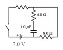 In the circuit shown,with the switch open the capacitors are completely uncharged.The switch is closed for a long time.The current through the circuit is 0.2 A.Determine the potential difference across the capacitor.   A) 0.0 V B) 1.6 V C) 2.5 V D) 3.9 V 