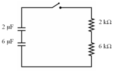  If the 2- \mu F capacitor in the circuit shown initially had a potential difference of 10 V across its plates,how much charge is left on it after the switch has been closed for a duration equal to one half of the time constant?   A) 12.1 µC B) 20 µC C) 7.9 µC D) 0.08 µC  