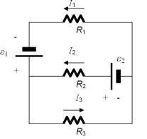 <strong>In the circuit shown,R<sub>1</sub> = 5 \varOmega ,R<sub>2</sub> = 10 \varOmega ,and R<sub>3</sub> = 15 \varOmega ,and \varepsilon <sub>1</sub> = 10 V,and \varepsilon <sub>2</sub> = 15 V.Using Kirchhoff's loop and junction laws,determine the currents I<sub>1</sub>,I2,and I<sub>3</sub> flowing through R<sub>1</sub>,R<sub>2</sub>,and R<sub>3</sub>,respectively,where the direction of each current is as indicated in the figure. </strong> A)I<sub>1</sub> = 0.636 A,I<sub>2</sub> = 0.545 A,I<sub>3</sub> = 0.091 A B)I<sub>1</sub> = 0.091 A,I<sub>2</sub> = 0.545 A,I<sub>3</sub> = 0.636 A C)I<sub>1</sub> = 1.0 A,I<sub>2</sub> = -1.0 A,I<sub>3</sub> = 2.0 A D)I<sub>1</sub> = 0.5 A,I<sub>2</sub> = 1.5 A,I<sub>3</sub> = 1.0 A