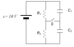 <strong>In the circuit shown,determine the charge on each capacitor when switch S has been closed for a long time,where R<sub>1</sub> = 1 k \varOmega ,R<sub>2</sub> = 2 k \varOmega ,C<sub>1</sub> = 1 \mu F,and C<sub>2</sub> = 2 \mu F. </strong> A)Q<sub>1</sub> = 3.33 µC and Q<sub>2</sub> = 6.66 µC B)Q<sub>1</sub> = 3.33 µC and Q<sub>2</sub> = 13.3 µC C)Q<sub>1</sub> = 13.3 µC and Q<sub>2</sub> = 3.33 µC D)Q<sub>1</sub> = 6.66 µC and Q<sub>2</sub> = 13.3 µC