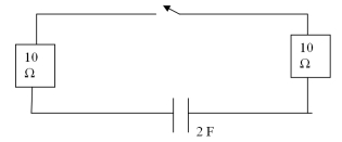 <strong>In the figure shown,the time constant for the discharge of the capacitor is </strong> A)10 sec. B)20 sec. C)30 sec. D)40 sec. E)50 sec.
